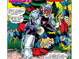 Captain Marvel #56, pg. 1; pencils, Pat Broderick; inks, Bob Wiacek; Deathgrip, splash page, Doug Moench, Mar-Vell, Survival Quest