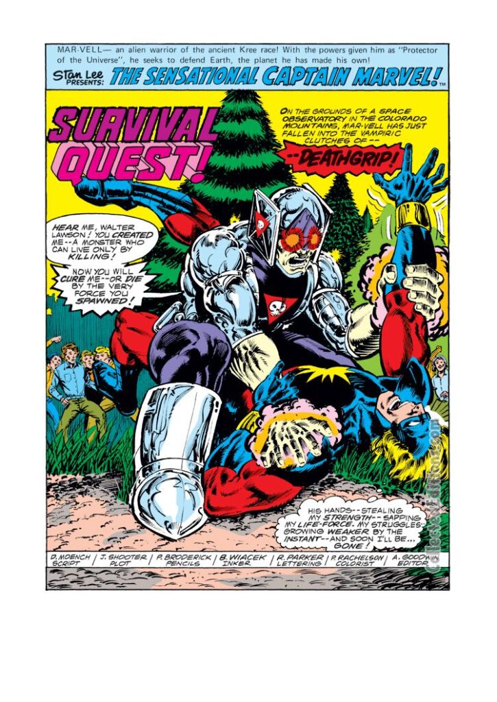 Captain Marvel #56, pg. 1; pencils, Pat Broderick; inks, Bob Wiacek; Deathgrip, splash page, Doug Moench, Mar-Vell, Survival Quest