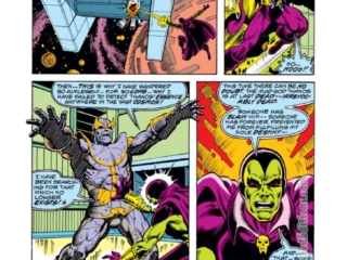 Captain Marvel #58, pg. 6; pencils, Pat Broderick; inks, Bob McLeod; Drax the Destroyer, Thanos statue