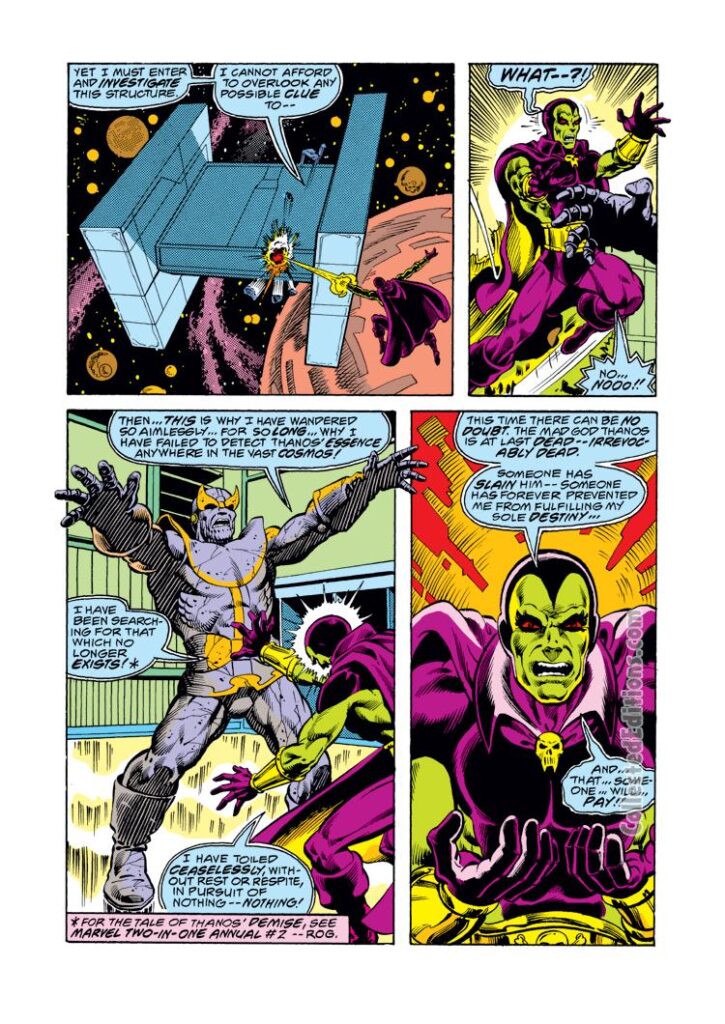 Captain Marvel #58, pg. 6; pencils, Pat Broderick; inks, Bob McLeod; Drax the Destroyer, Thanos statue