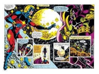 Captain Marvel #59, pgs. 2-3; pencils, Pat Broderick; inks, Bruce Patterson; Mar-Vell, Drax the Destroyer, double-page spread splash