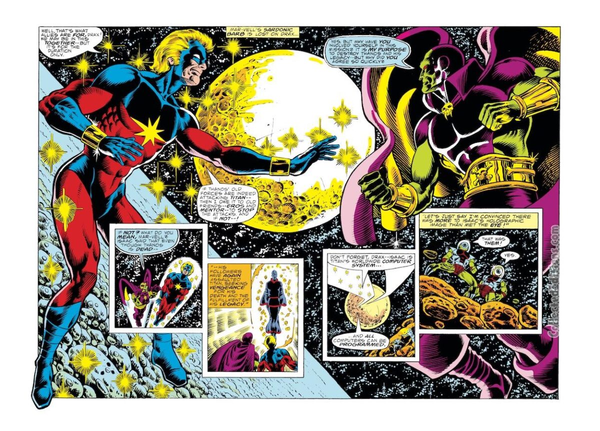 Captain Marvel #59, pgs. 2-3; pencils, Pat Broderick; inks, Bruce Patterson; Mar-Vell, Drax the Destroyer, double-page spread splash