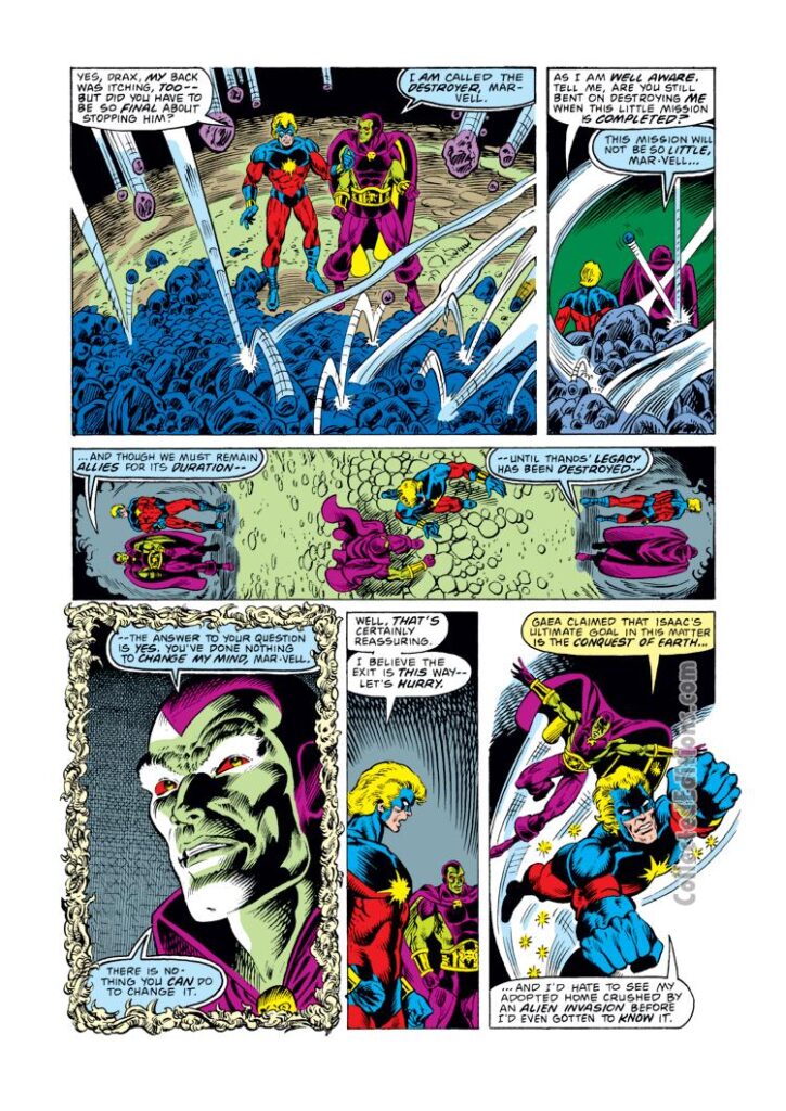 Captain Marvel #60, pg. 3; pencils, Pat Broderick; inks, Bruce Patterson; Mar-Vell, Drax the Destroyer, Thanos