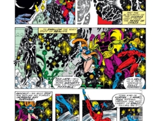 Captain Marvel #61, pg. 8; pencils, Pat Broderick; inks, Bruce Patterson; Isaac, Mar-Vell, Drax the Destroyer, Chaos