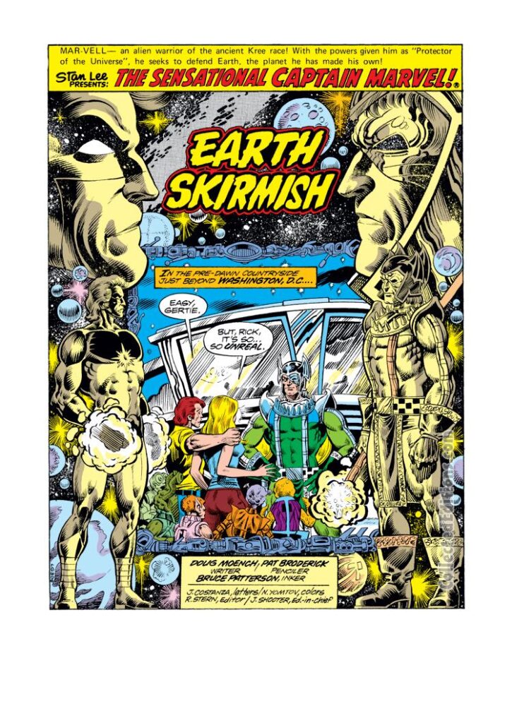 Captain Marvel #62, pg. 1; pencils, Pat Broderick; inks, Bruce Patterson; "Earth Skirmish", Doug Moench, splash page, Mar-Vell, Stellarax