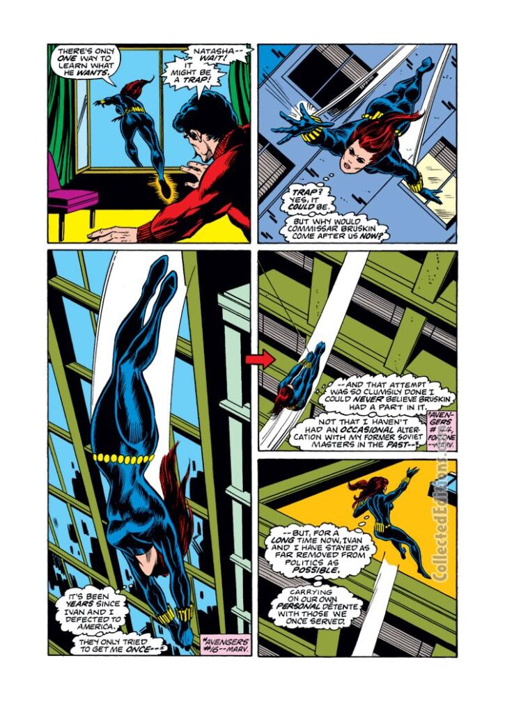 Champions #7, pg. 15; pencils, George Tuska; inks, Vince Colletta; Black Widow leaps out window