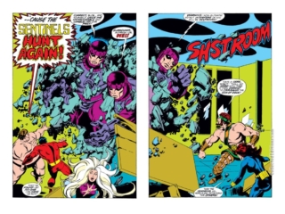 Champions #17, pgs. 2-3; pencils, George Tuska; inks, John Byrne Champions #17, pgs. 2-3; pencils, George Tuska; inks, John Byrne; Sentinels vs Blob, Unus, Darkstar, Hercules, Black Widow