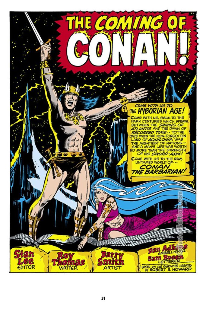 Conan the Barbarian #1, pg. 1; pencils, Barry Windsor-Smith; inks, Dan Adkins; Roy Thomas, opening splash page, first issue, first appearance, The Coming of Conan, Hyborian Age
