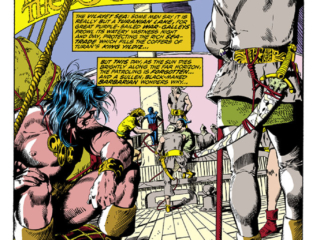 Conan the Barbarian #19, pg. 1; pencils, Barry Windsor-Smith; inks, Dan Adkins; "Hawks from the Sea", Roy Thomas, Vilayet Sea, Turania, King Yildiz