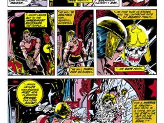 Conan the Barbarian #20, pg. 12; pencils, Barry Windsor-Smith; inks, Dan Adkins; smashes mirror, skeleton fighter, Robert E. Howard, sword and sorcery, Roy Thomas