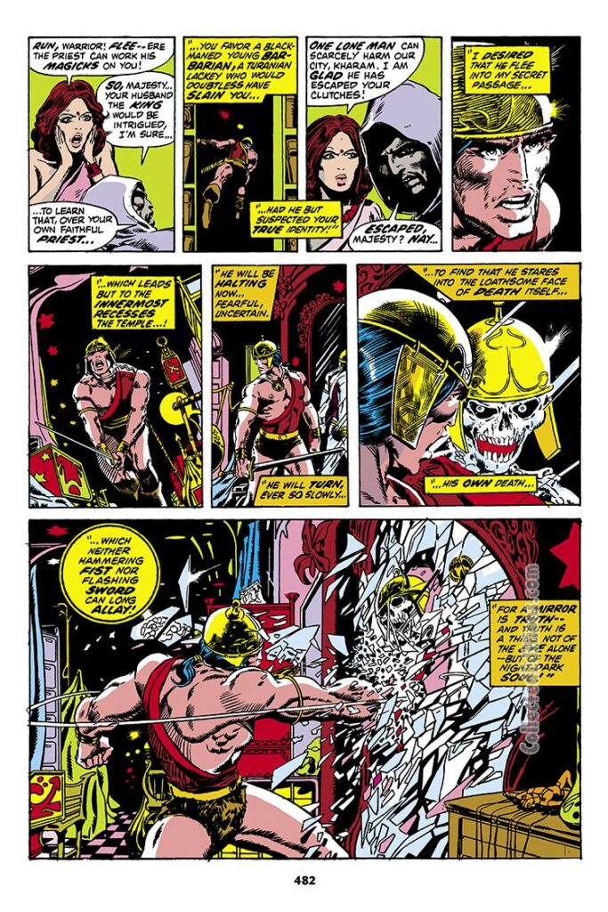 Conan the Barbarian #20, pg. 12; pencils, Barry Windsor-Smith; inks, Dan Adkins; smashes mirror, skeleton fighter, Robert E. Howard, sword and sorcery, Roy Thomas