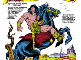 Conan the Barbarian #27, pg. 1; pencils, John Buscema; inks, Ernie Chan; "The Blood of Bel-Hissar", Robert E. Howard, the war of Tarim, Makkalet