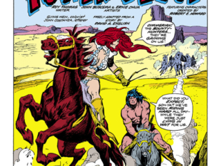Conan the Barbarian #43, pg. 1; pencils, John Buscema; inks, Ernie Chan; Red Sonja team-up, Tower of Blood, David A. English writer, Robert E. Howard, The War of the Tarim