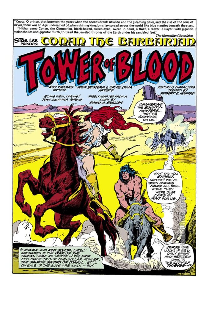 Conan the Barbarian #43, pg. 1; pencils, John Buscema; inks, Ernie Chan; Red Sonja team-up, Tower of Blood, David A. English writer, Robert E. Howard, The War of the Tarim