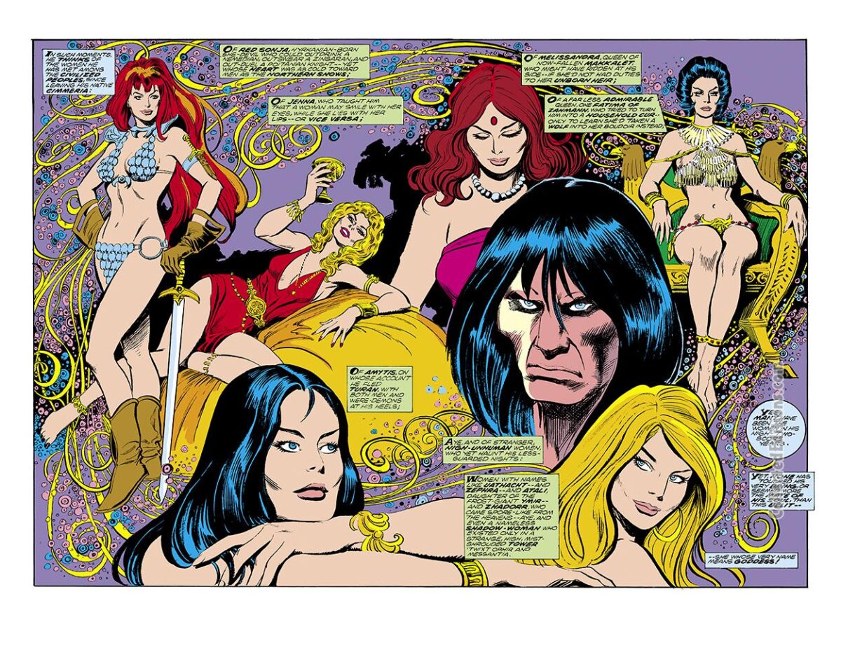 Conan the Barbarian #61, pgs. 6-7; pencils, John Buscema; inks, Steve Gan; women ladies of Conan, Red Sonja, Jenna, Amytis, Melissandra,