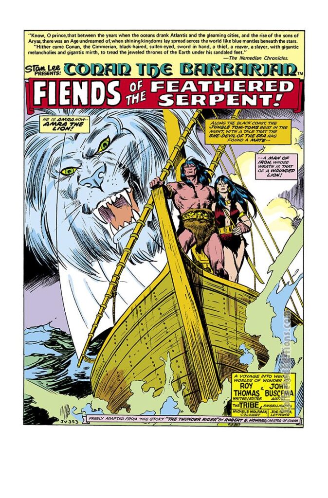 Conan the Barbarian #65, pg. 1; pencils, John Buscema; inks, The Tribe; Fiends of the Feathered Serpent, Bêlit, Amra the Lion