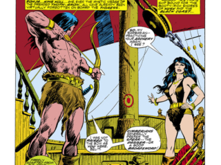 Conan the Barbarian #69, pg. 1; pencils, Val Mayerik; inks, The Tribe; The Demon out of the Deep, B&ecirc;lit, archery, bullseye, "Oot of the Deep" by Robert E. Howard