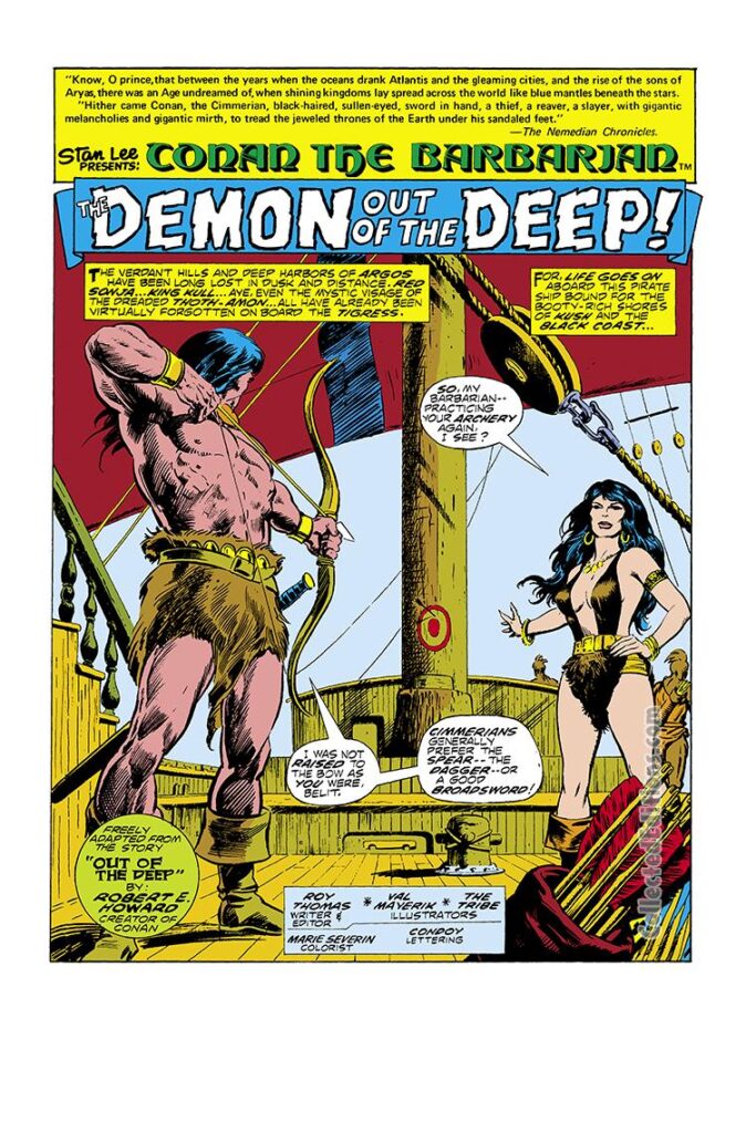 Conan the Barbarian #69, pg. 1; pencils, Val Mayerik; inks, The Tribe; The Demon out of the Deep, Bêlit, archery, bullseye, "Oot of the Deep" by Robert E. Howard