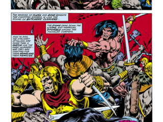 Conan the Barbarian #81, pg. 8; pencils, Howard Chaykin; inks, Ernie Chan; battle scene, sword, blood