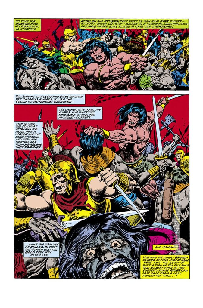 Conan the Barbarian #81, pg. 8; pencils, Howard Chaykin; inks, Ernie Chan; battle scene, sword, blood