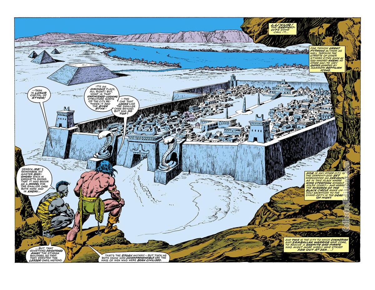 Conan the Barbarian #86, pgs. 2-3; pencils, John Buscema; inks, Ernie Chan; Luxur capital city of Stygia, Zula, double-page spread