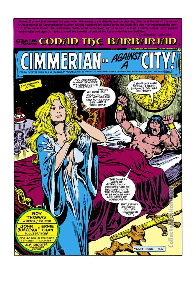 Conan the Barbarian #111, pg. 1; pencils, John Buscema; inks, Ernie Chan; Cimmerian Against a City, Roy Thomas