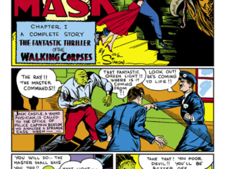 Daring Mystery Comics #1, pg. 2; The Fiery Mask in "The Fantastic Thriller of the Walking Corpses"; Timely Marvel zombies, Joe Simon, Jack Kirby