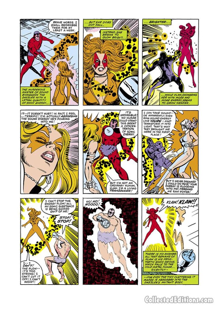 Dazzler #9, pg. 18; pencils, Frank Springer; inks, Vince Colletta; Klaw, mutant power of sound and light