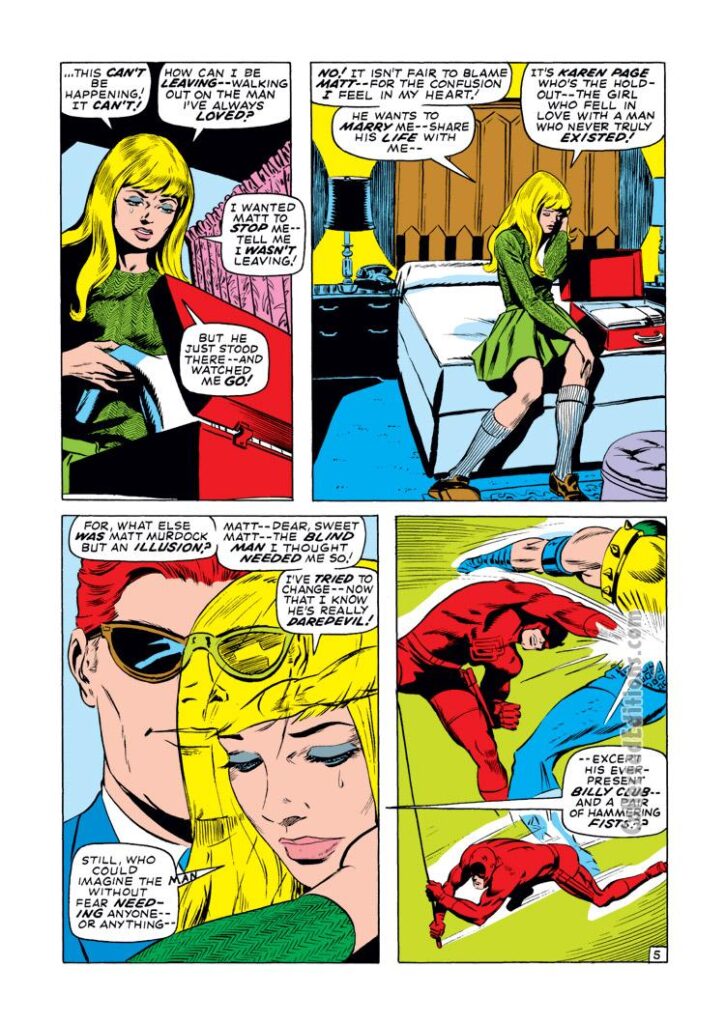 Daredevil #63, pg. 5; pencils, Gene Colan; inks, Syd Shores; Karen Page, Gladiator