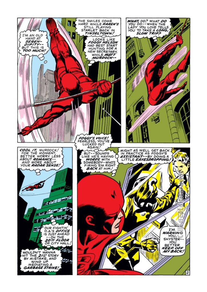 Daredevil #68, pg. 2; pencils, Gene Colan; inks, Syd Shores; Foggy Nelson, Franklin