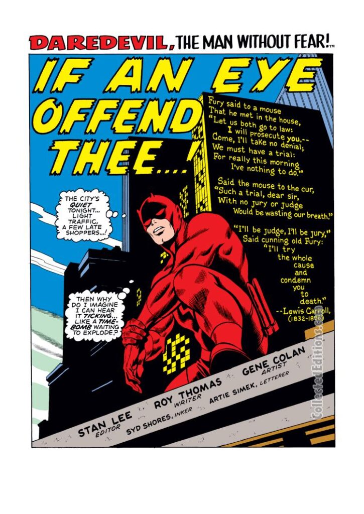 Daredevil #71, pg. 1; pencils, Gene Colan; inks, Syd Shores; If An Eye offend Thee...