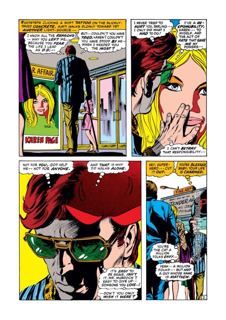 Daredevil #78, pg. 2; pencils, Gene Colan; inks, Tom Palmer; Karen Page, Matt Murdock