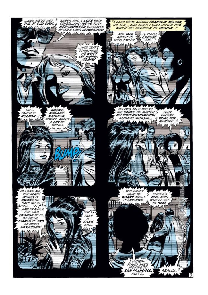 Daredevil #86, pg. 3; pencils, Gene Colan; inks, Tom Palmer; Matt Murdock, Karen Page, Franklin Foggy Nelson, Black Widow