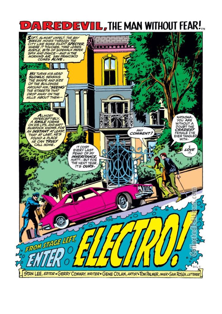 Daredevil #87, pg. 1; pencils, Gene Colan; inks, Tom Palmer; From Stage Left Enter Electro, Daredevil, Man Without Fear, San Francisco