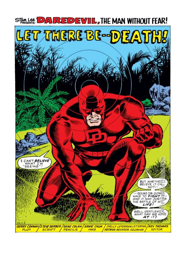 Daredevil #98, pg. 1; pencils, Gene Colan; inks, Ernie Chan; Let There Be Death splash page, Steve Gerber