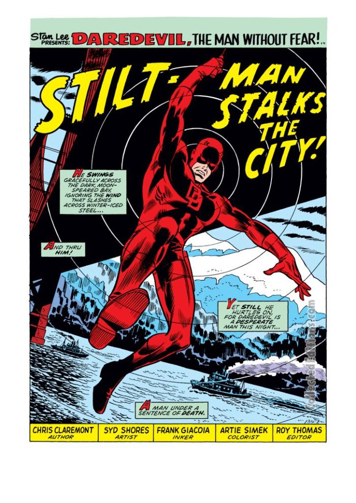 Daredevil #102, pg. 1; pencils, Syd Shores; inks, Frank Giacoia; Stilt-Man Stalks the City splash page, Chris Claremont