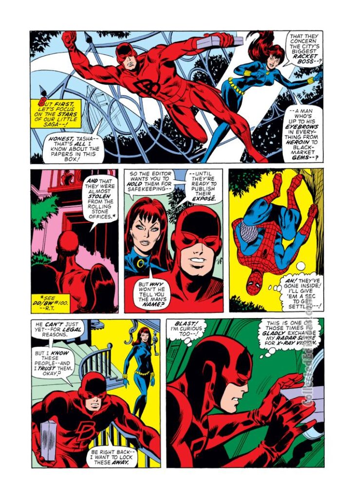 Daredevil #103, pg. 2; pencils, Don Heck; inks, Sal Trapani; Black Widow, Spider-Man