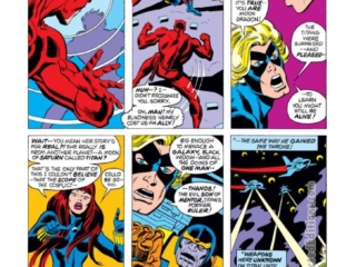 Daredevil #107, pg. 13; pencils, Bob Brown; inks, Sal Buscema; Captain Marvel, Thanos, Moondragon, Black Widow