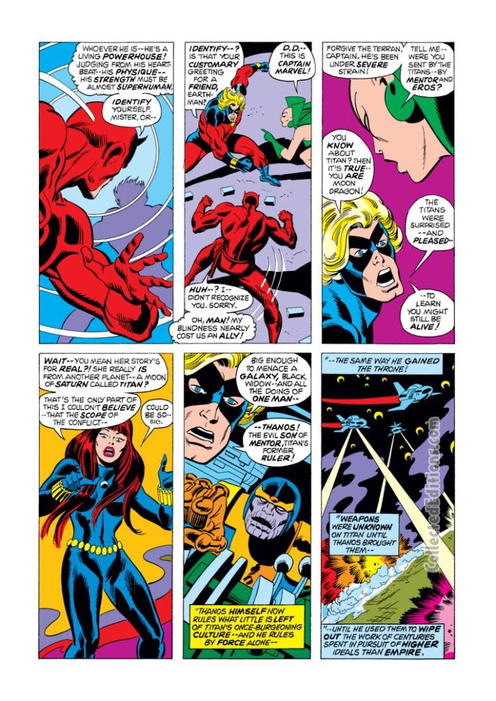 Daredevil #107, pg. 13; pencils, Bob Brown; inks, Sal Buscema; Captain Marvel, Thanos, Moondragon, Black Widow