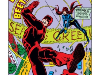 Daredevil #108, pg. 1; pencils, Bob Brown; inks, Paul Gulacy; Black Widow, Steve Gerber, Cry Beetle