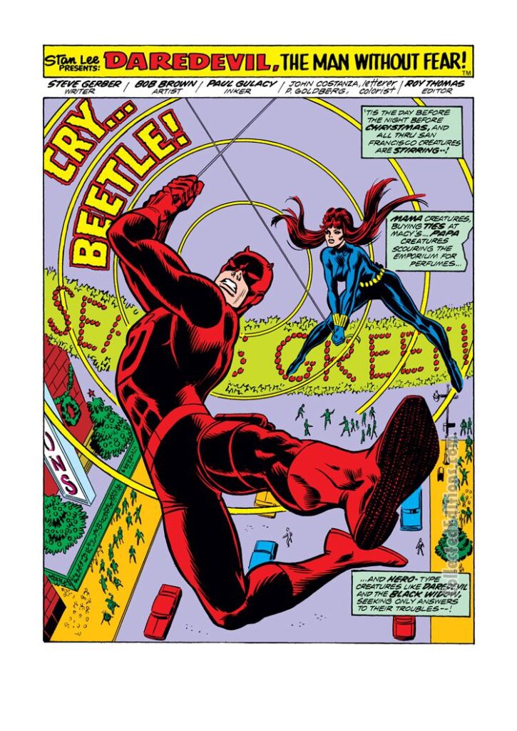 Daredevil #108, pg. 1; pencils, Bob Brown; inks, Paul Gulacy; Black Widow, Steve Gerber, Cry Beetle