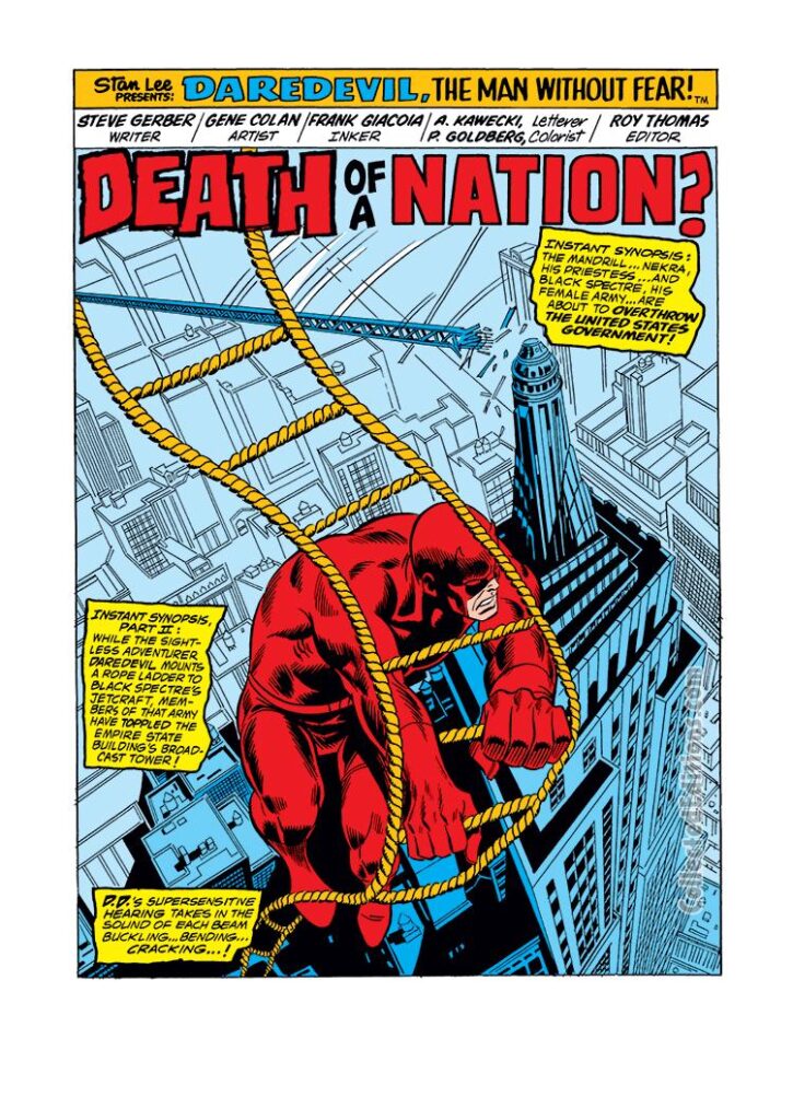 Daredevil #112, pg. 1; pencils, Gene Colan; inks, Frank Giacoia; Death of a Nation? Steve Gerber