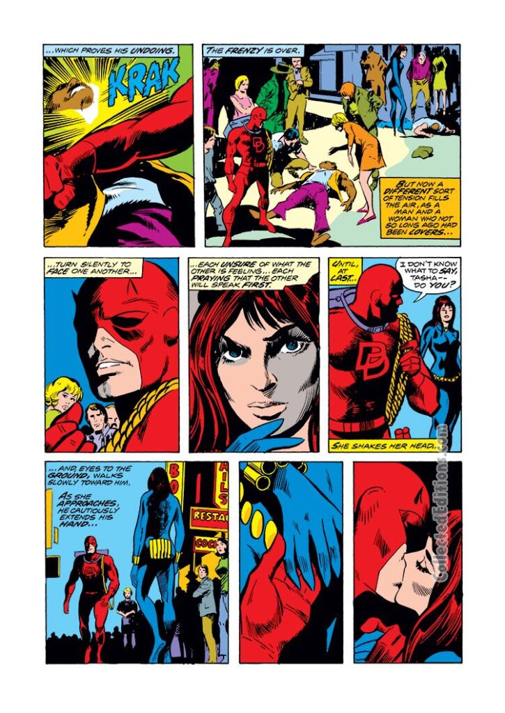 Daredevil #116, pg. 11; pencils, Gene Colan; inks, Vince Colletta; Black Widow, Matt Murdock kiss, romance