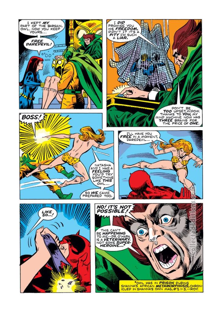 Daredevil #117, pg. 12; pencils, Bob Brown; inks, Vince Colletta; Shanna the She-Devil, Black Widow, the Owl