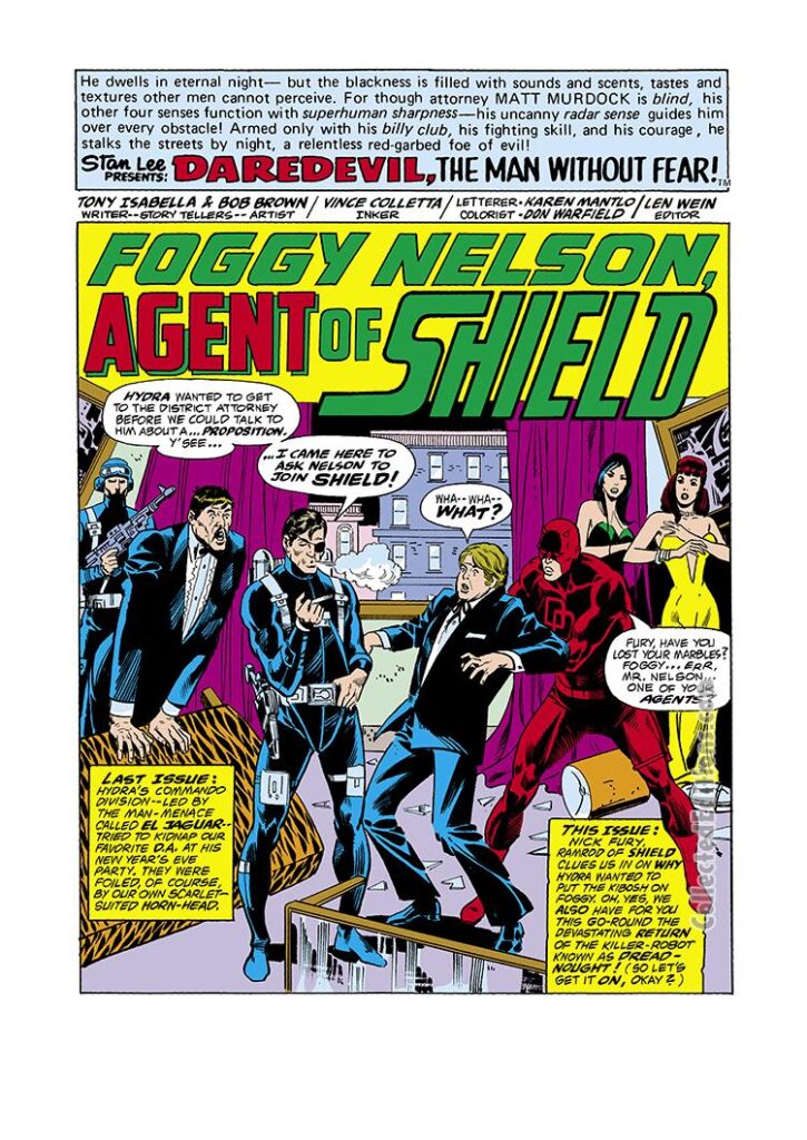 Daredevil #121, pg. 1; pencils, Bob Brown; inks, Vince Colletta; Foggy Nelson Agent of SHIELD