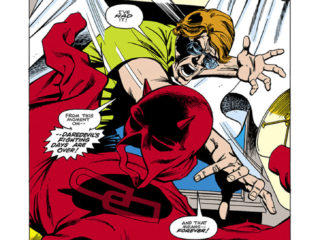 Daredevil #128 pg. 1; pencils, Bob Brown; inks, Klaus Janson; Death Stalks the Stairway to the Stars