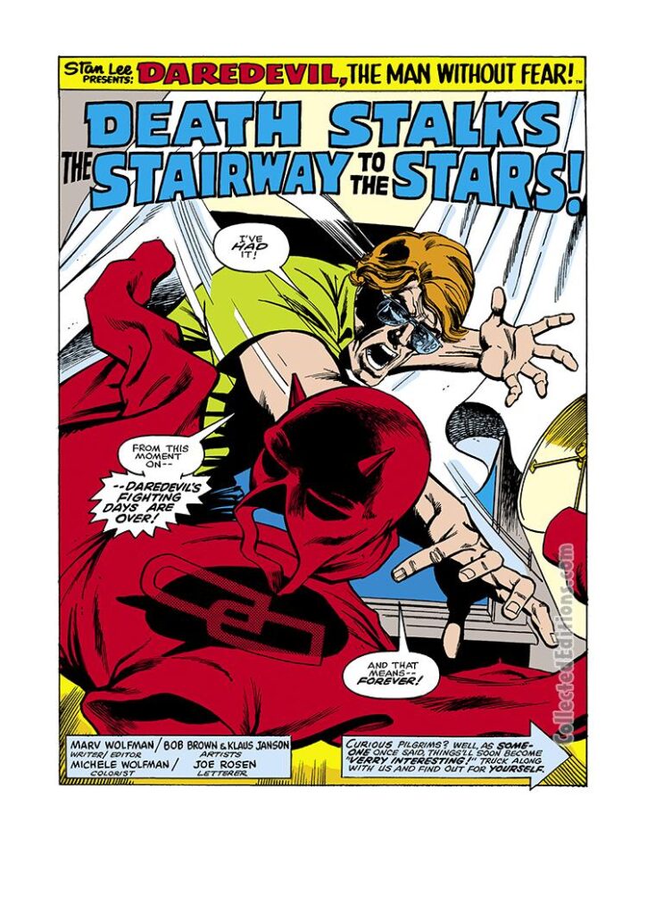 Daredevil #128 pg. 1; pencils, Bob Brown; inks, Klaus Janson; Death Stalks the Stairway to the Stars