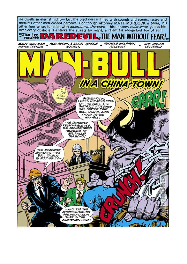 Daredevil #129 pg. 1; pencils, Bob Brown; inks, Klaus Janson; Man-Bull in China-Town