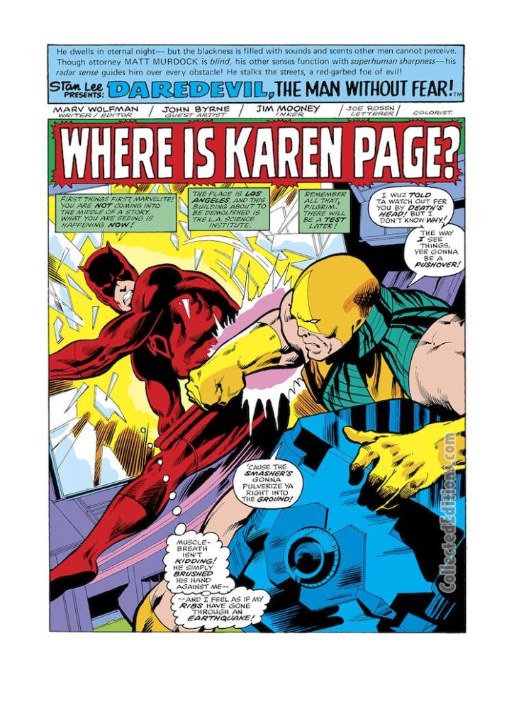 Daredevil #138, pg. 1; pencils, John Byrne; Where Is Karen Page?, the Smasher