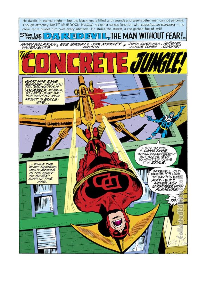 Daredevil #142, pg. 1; pencils, Bob Brown; inks, Jim Mooney; the Concrete Jungle, Marv Wolfman/Bullseye